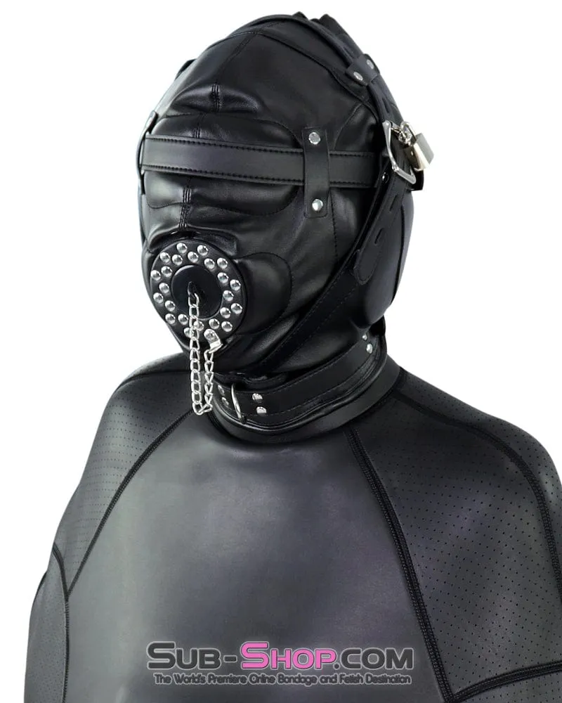 0193SM      Complete Captive Locking Sensory Deprivation Hood with Open Mouth Plug Gag