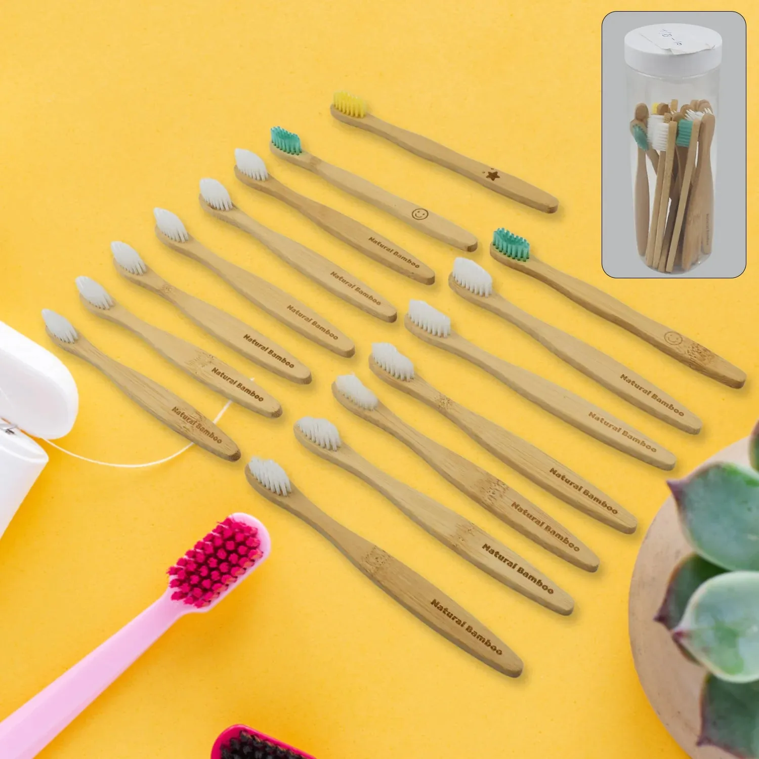 13084 Bamboo Wooden Toothbrush Soft Toothbrush Wooden Child Bamboo Biodegradable Toothbrush, Manual Toothbrush For Adult, Kids (15 Pcs Set / With Round Box)