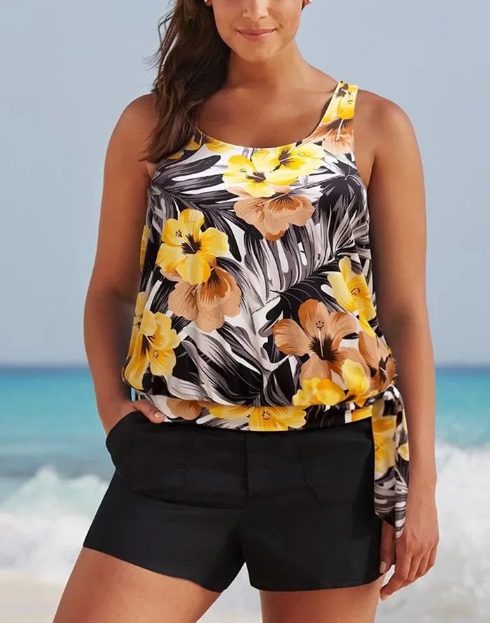 Everlastiong Floral Side Tie Blouson Tankini