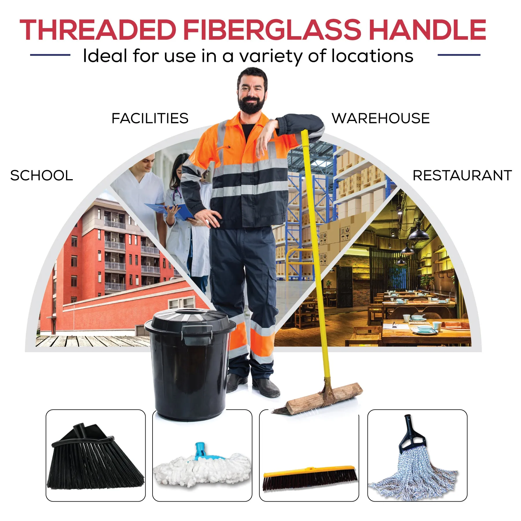 Fiberglass Handle with Threaded Tip: Replacement Wood Handle Featuring Standard Thread for Durable Cleaning and Sweeping