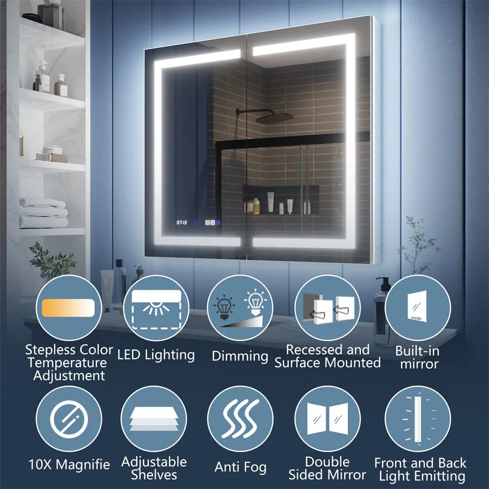 Illusion-B 24" x 36" LED Lighted Inset Mirrored Medicine Cabinet with Magnifiers Front and Back Light, Right Hinge