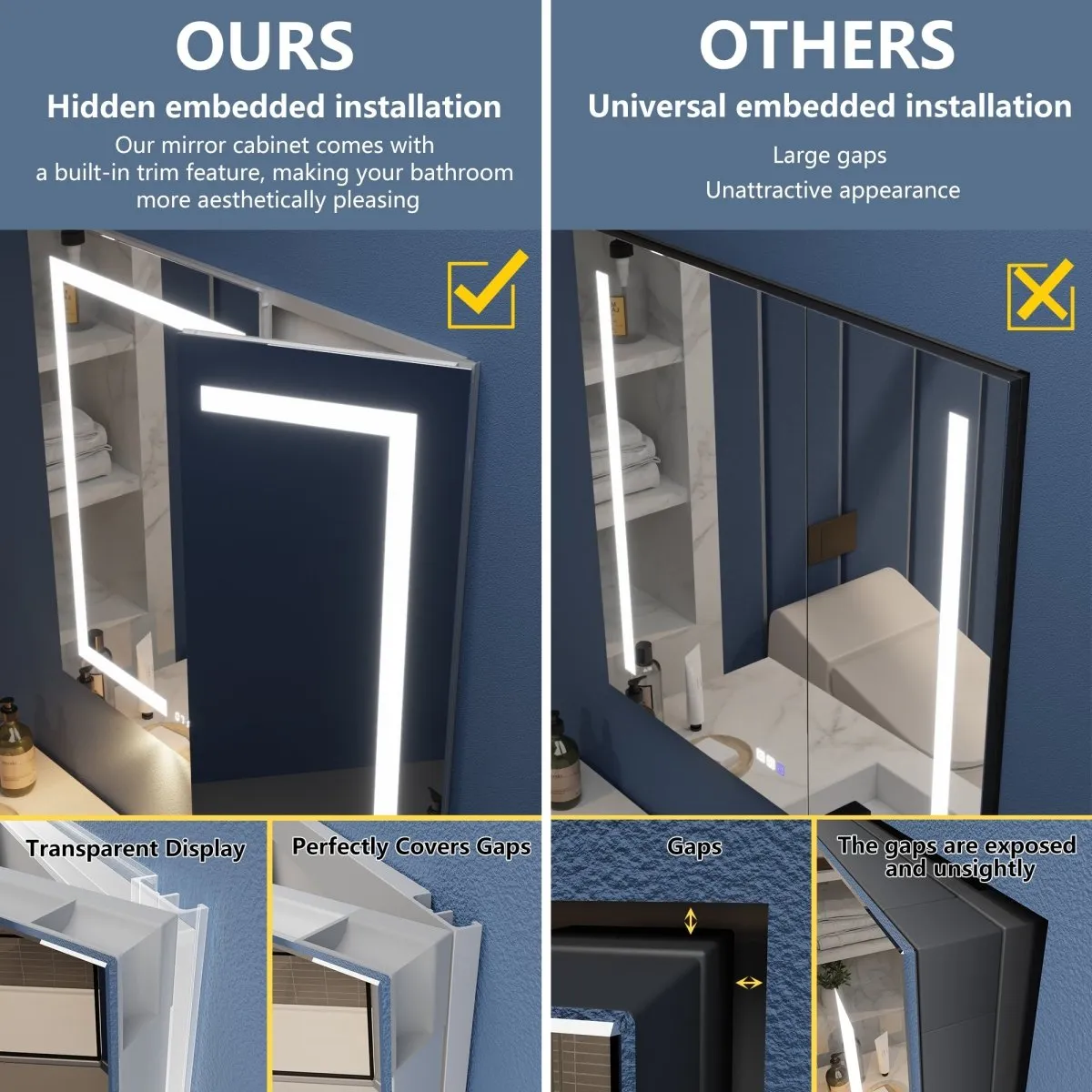 Illusion-B 24" x 36" LED Lighted Inset Mirrored Medicine Cabinet with Magnifiers Front and Back Light, Right Hinge