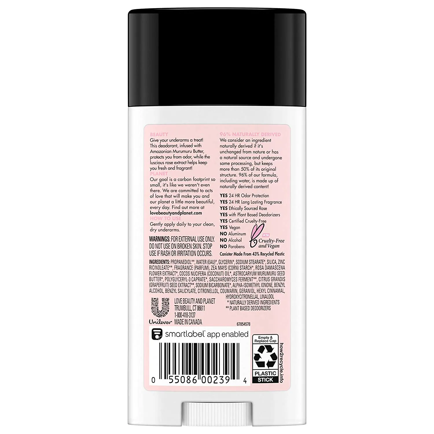 Love Beauty and Planet Deodorant, Murumuru Butter and Rose, 2.95 Oz