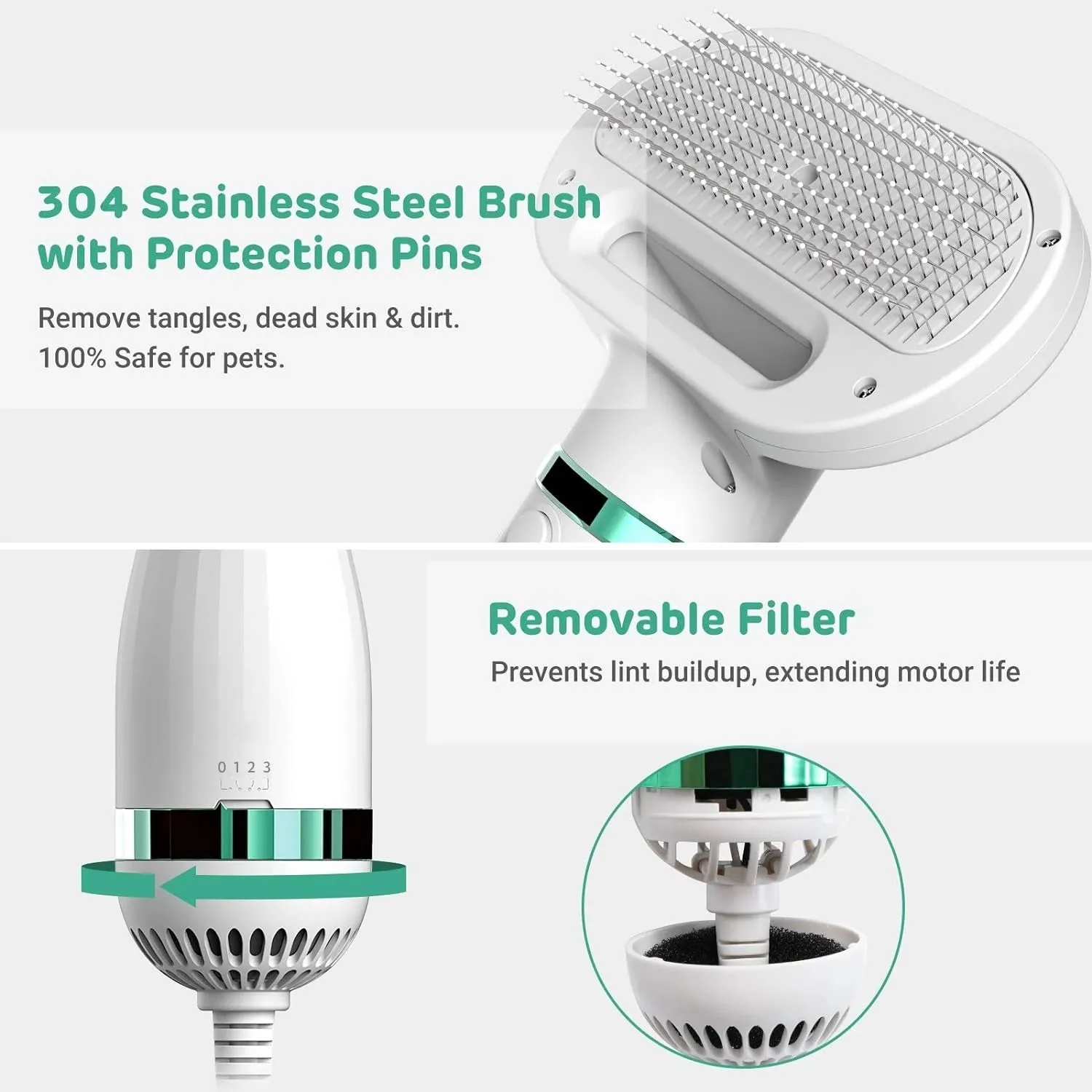 Pet Hair Dryer with Slicker Brush 3 Heat Settings One-Button Hair Removal Portable Dog Blower for Cleaning Grooming Furry Drying