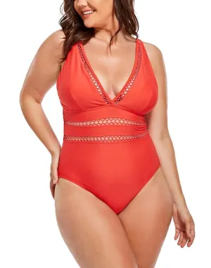 Red Lattice Plunge One Piece Swimsuit