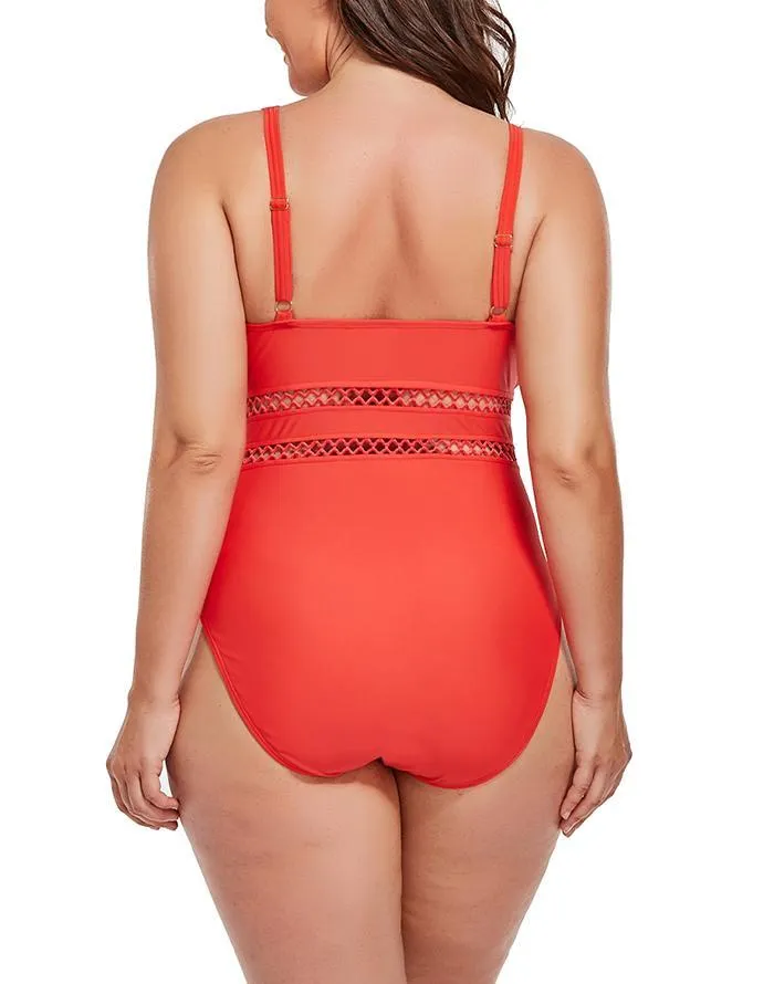 Red Lattice Plunge One Piece Swimsuit